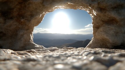 Rocky Cave Opening to Sunlit Peaks