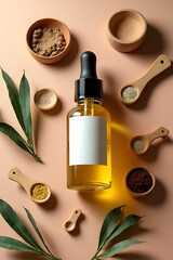 Natural oil bottle with spices and leaves minimalist setting photography calming aesthetic