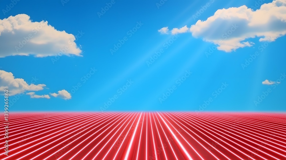 Poster a vibrant image of parallel red neon lines extending to a bright blue sky with fluffy white clouds, 