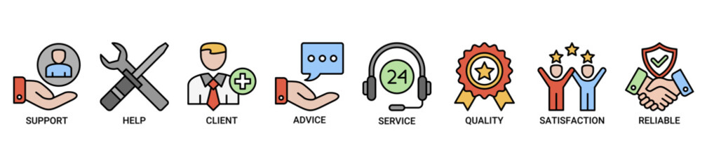 Customer care icon set. Containing icon of help, client, advice, chat, service, reliability, quality and satisfaction icons. Outline color vector symbol background.