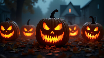 Carved Evil Pumpkins with Flickering Glow – Halloween Night Spooky Atmosphere