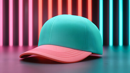 Teal and Pink Baseball Cap with Neon Background