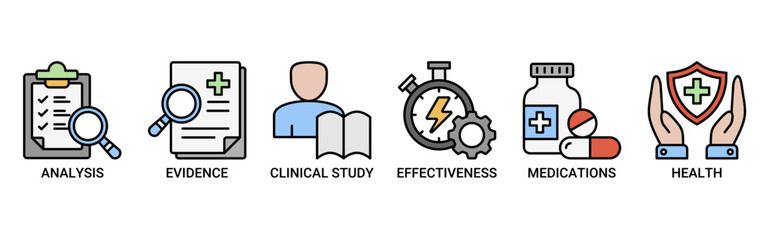 Clinical research icon set. Containing icon of analysis, evidence, clinical study, effectiveness, medications and health icons. Outline color vector symbol background.