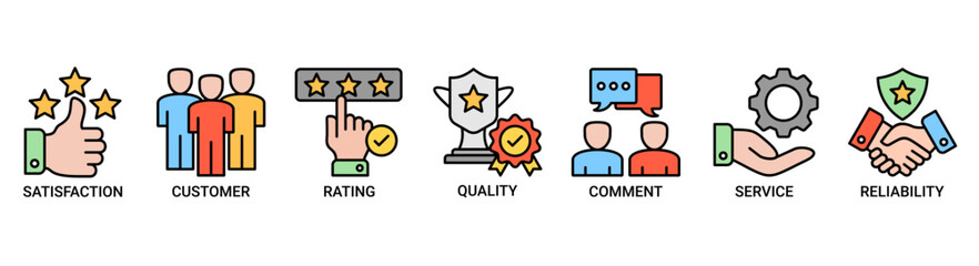Feedback icon set. Containing icon of satisfaction, customer, rating, quality, comment, service and reliability icons. Outline color vector symbol background.