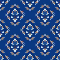 Seamless classic damask pattern inblue gold tones - vector illustration for luxury textile design.	