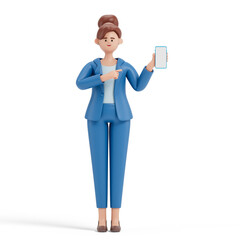 Businesswoman pointing to blank phone screen, symbolizing presentation or idea sharing. 3D rendering, conceptual image. Isolated on white background.