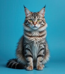Fototapeta premium A fluffy tabby cat sits gracefully on a wooden floor, its bright green eyes wide open and alert, capturing the light as it curiously observes its surroundings.