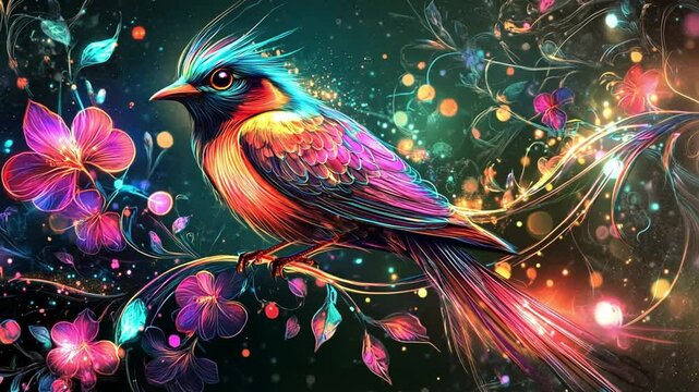 Vibrant bird perched amidst colorful flowers and swirling patterns in a magical forest setting