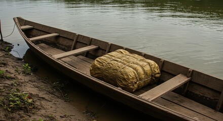 Naklejka premium A wooden boat anchored on the riverbank carrying a large bundle, surrounded by lush greenery