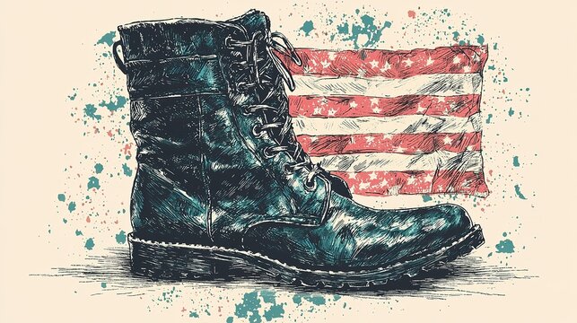 Memorial day vintage tribute sketch of combat boot and flag artistic interpretation nostalgic viewpoint