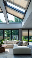 Fototapeta premium Modern living room with skylights, garden view, and patio doors