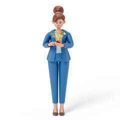 woman in business attire with coins popping from phone, symbolizing digital wealth generation. 3D rendering, conceptual image. Isolated on white background.