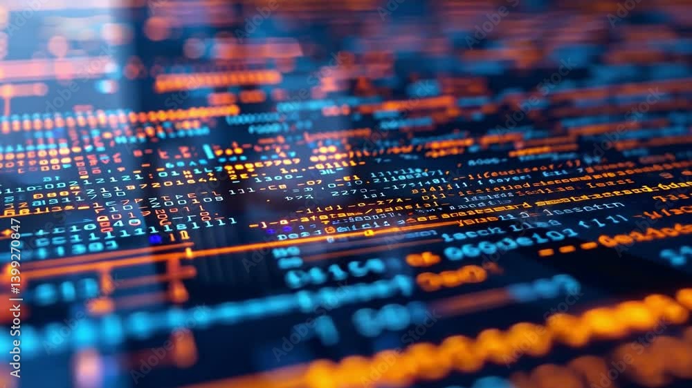 Poster vibrant digital data streams exploring technology and information processing with glowing code lines