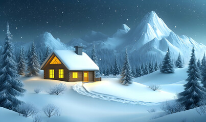 Snowy cabin winter scene