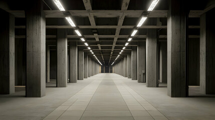 Empty Underground Concrete Corridor With Bright Lighting