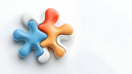 Obraz premium Three Interlocking Puzzle Pieces in Blue Orange and White on White Background