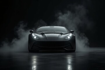 A sleek, dark sports car in a dramatic, misty setting.