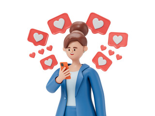 woman on phone surrounded by heart symbols, symbolizing social media likes and approval. 3D rendering, conceptual image. Isolated on white background.