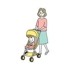 ベビーカーで赤ちゃんとお出かけするお母さんのイラスト