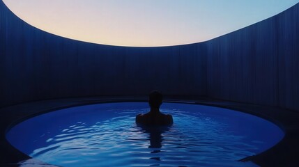 A serene sensory deprivation tank room glows in soft blue light as a young person floats in silence, embracing deep stillness and inner calm.