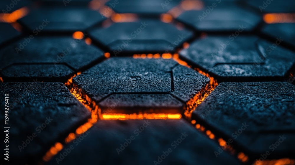 Poster abstract hexagonal pattern showing glowing orange between dark panels
