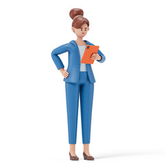 woman holding tablet, symbolizing idea sharing or digital collaboration. 3D rendering, conceptual image. Isolated on white background.