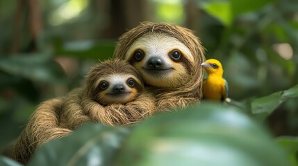 Fototapeta premium Adorable Sloth Family Embrace in Lush Rainforest