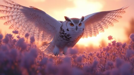 Majestic Snowy Owl in Flight at Sunset