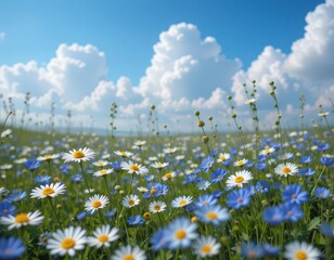 Fototapeta premium A vibrant field of wildflowers in various colors sways gently in the breeze, under a bright blue sky dotted with fluffy white clouds, creating a serene and picturesque landscape.