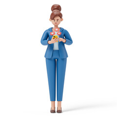 woman receiving likes on phone, symbolizing social media success and validation. 3D rendering, conceptual image. Isolated on white background.