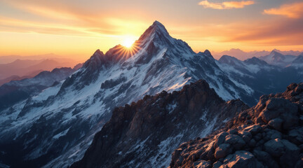majestic mountain peak at sunrise, with warm sunlight illuminating snow capped summit and rocky terrain, creating serene atmosphere