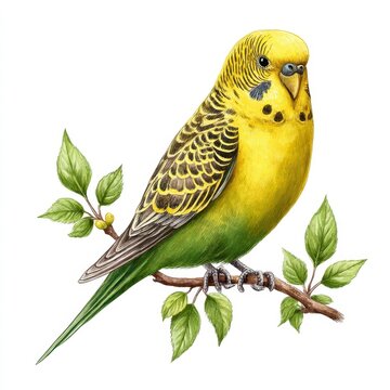 Detailed Illustration of a Yellow and Green Budgerigar Perched on a Branch