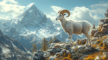 Majestic Mountain Ram: A breathtaking view of a Dall sheep standing proudly atop a rocky outcrop, overlooking a snow-capped mountain range under a vibrant sky.