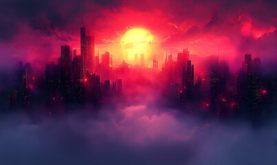 Fototapeta premium Sunset city skyline mist