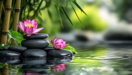 Peaceful zen garden scene with lotus flowers and stones. Calm water, bamboo, and vibrant pink blossoms create a tranquil atmosphere