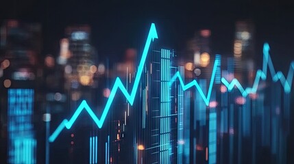 Fototapeta premium A dynamic display of financial trends overlaid on a city skyline at night.