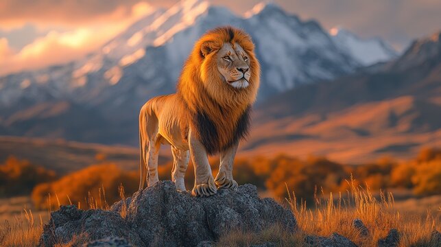 Majestic Lion at Sunset in the Mountains