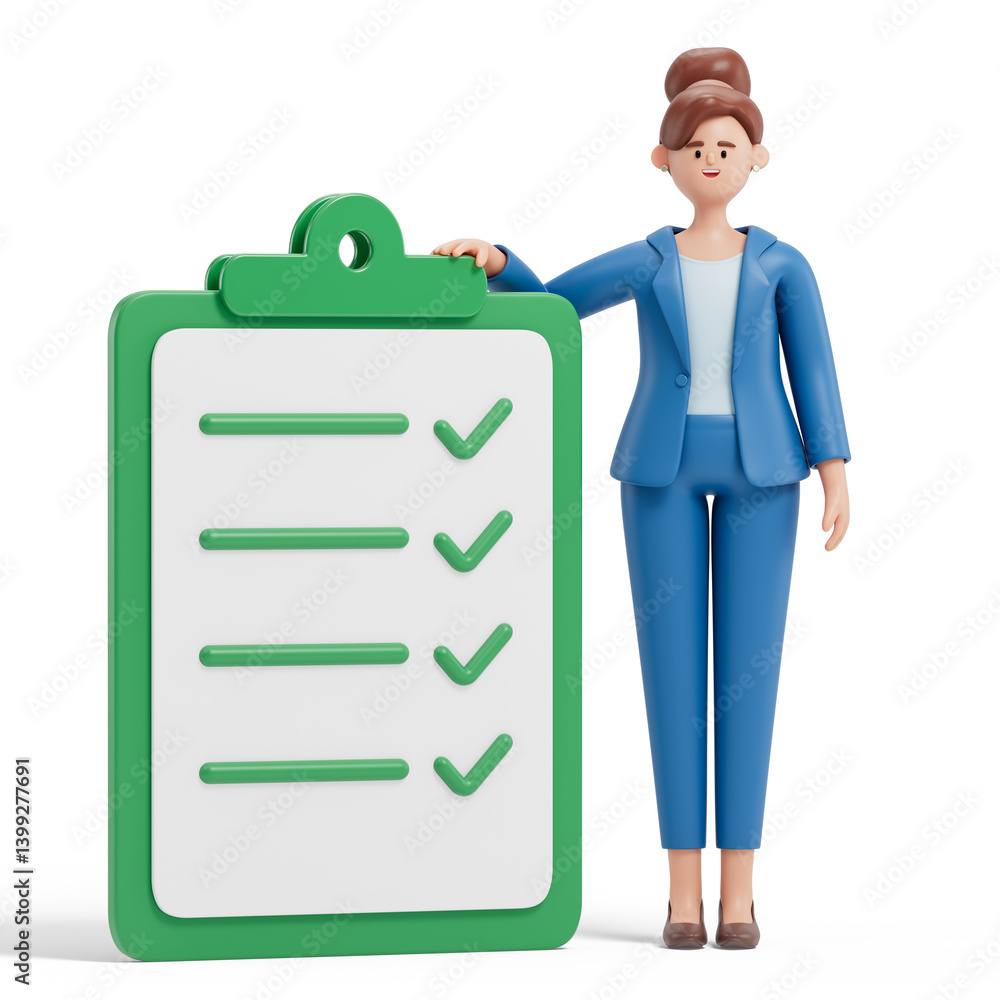Poster woman presenting checklist with ticks, symbolizing completion of tasks or goals. 3d rendering, conce