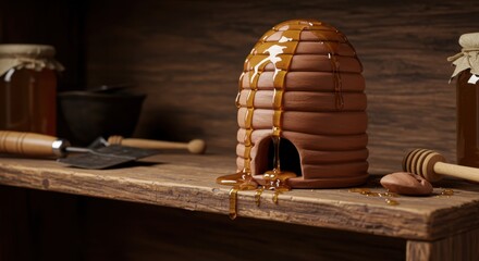 Honeycomb Dripping Sweet Golden Nectar Rustic Wooden Shelf Still Life Photography