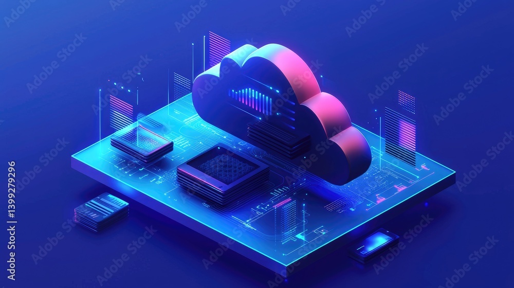Poster futuristic 3d cloud integrated with glowing microchips and digital elements on a neon circuit board.