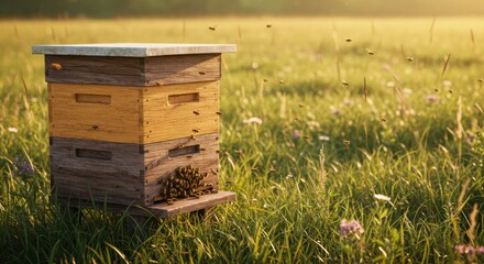 Honeybee Hive in a Summer Meadow Golden Hour Beekeeping Idyll
