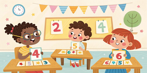 Cute Cartoon Children Learning Numbers in Classroom &ndash; Educational Vector Illustration