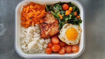 Balanced Meal in Container featuring Chicken, Rice and colorful Vegetables