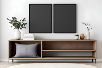 Modern Minimalist Living Room Shelf with Black Artwork and Greenery.
