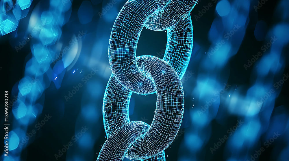 Poster exploring blockchain technology digital chain links virtual environment graphic visualization futuri