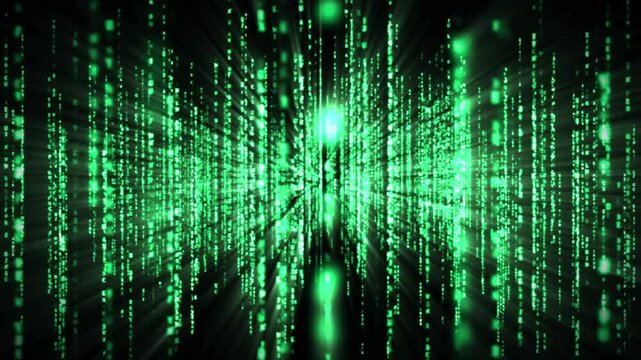 Green reflective lines moving backward on black background. Suitable for technology, science.