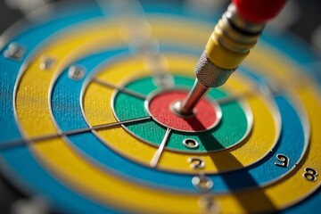 A dart precisely hitting the bullseye of a colorful target.