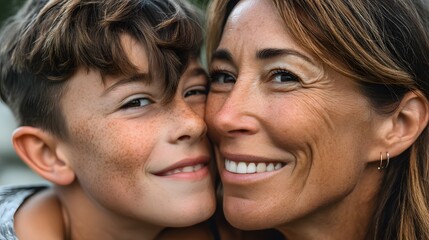 Mother’s Day: A happy child nestles against his smiling mother, their faces close, sharing a moment of pure familial affection.