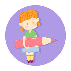 Vector cartoon little girl student holding big pencil on lilac background. Back to school concept.