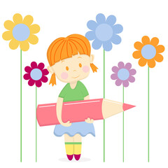 Vector cartoon little girl student holding big pencil among flowers on white background. Back to school concept.